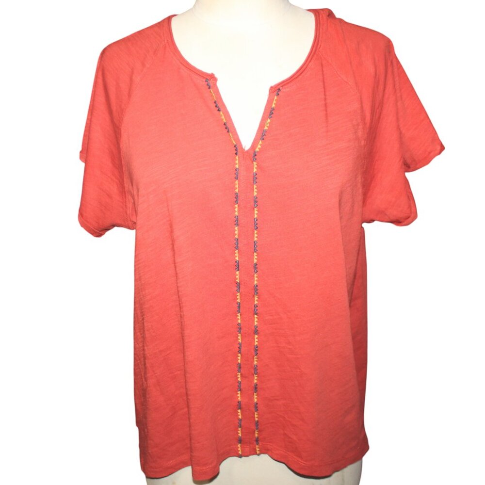 PENDLETON Embroidered Top Sz M Boho V-Neck Shirt Everyday Summer Orange Tee